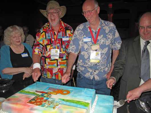 From the left, Eisner Awards Administrator Jackie Estrada, Richard Alf, Mike Towry, and Comic-Con President John Rogers at the July 23, 2009 reception in honor of the 40th San Diego Comic-Con.